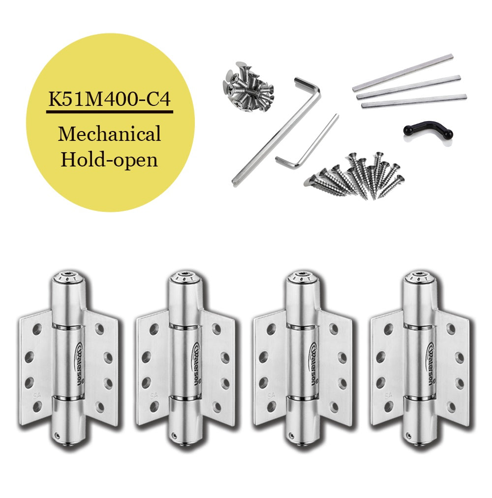Heavy duty self-closing spring hinges in 4-pack, 304 stainless steel for doors up to 330 lbs, includes installation hardware.
