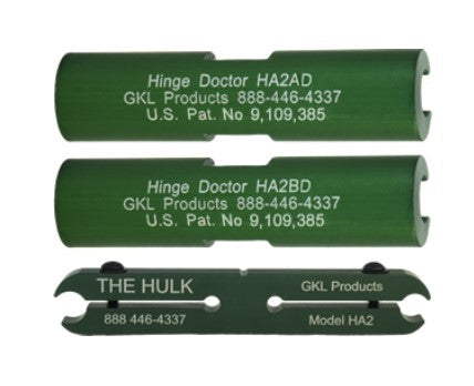 Hinge Doctor HA2X3D Residential Kit featuring two green alignment tools for precise hinge installation.
