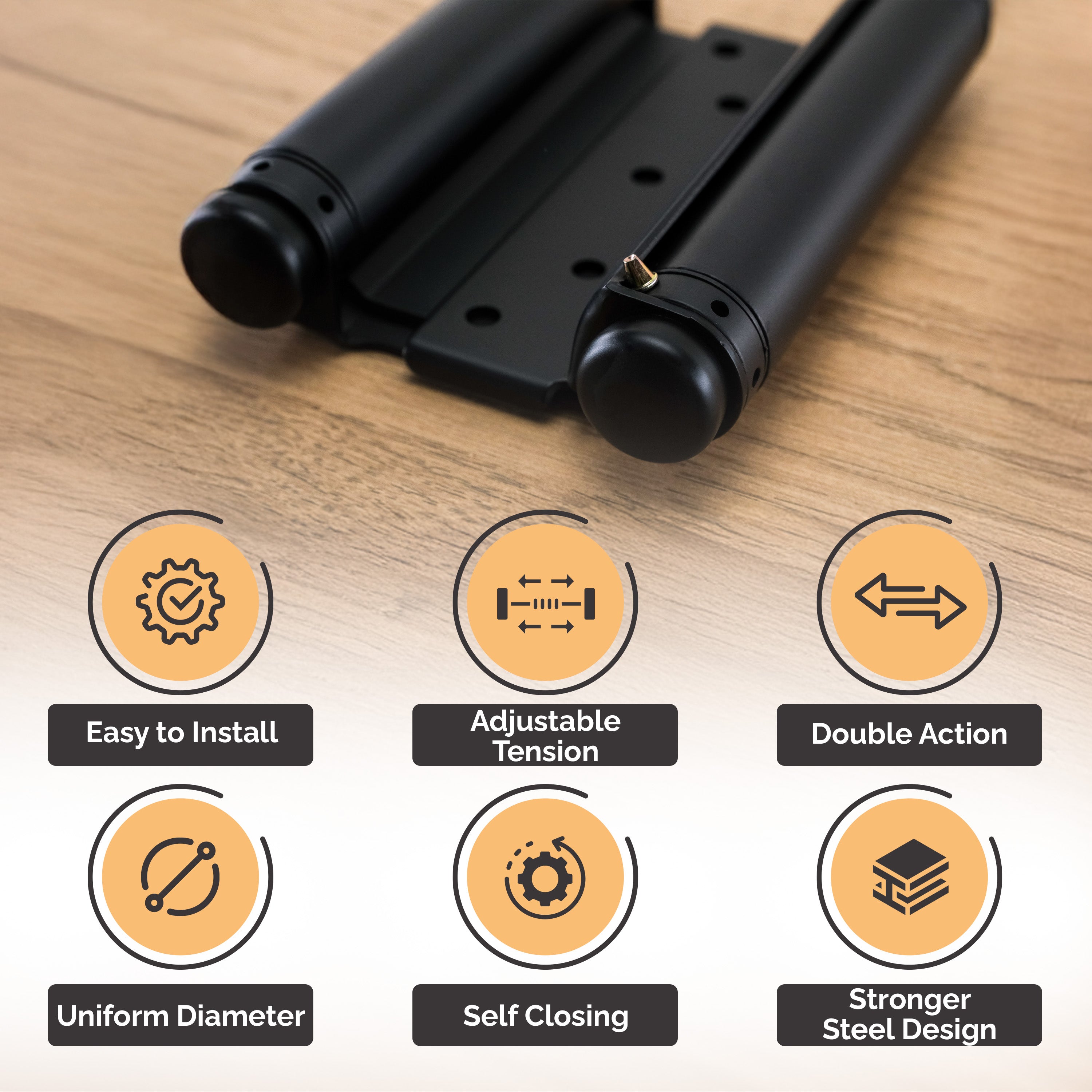 Zinc adjustable double action spring hinges for doors, 3 to 6 inches, featuring adjustable tension and easy installation.