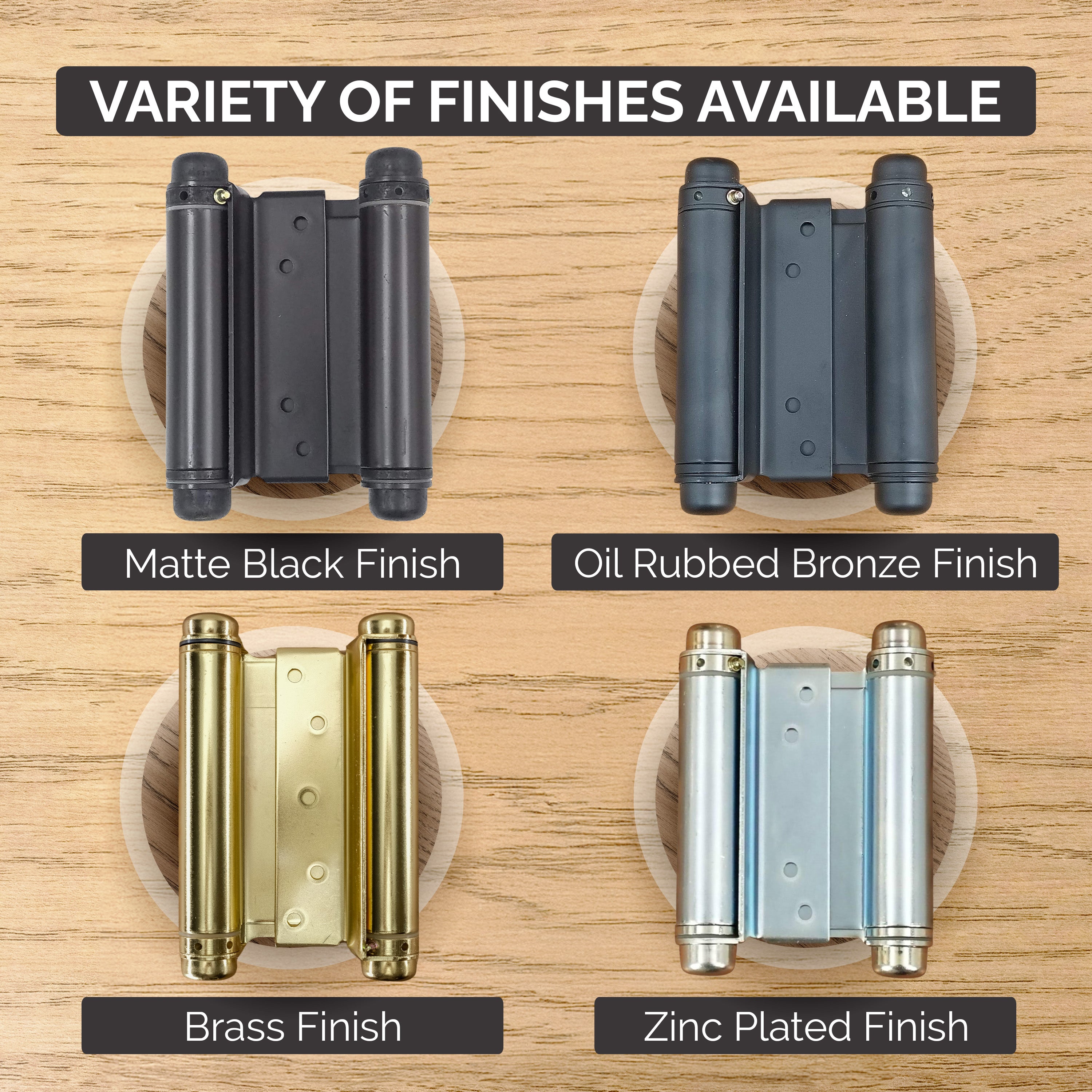 Zinc adjustable double action spring hinges in various finishes, ranging from 3 to 6 inches for versatile applications.
