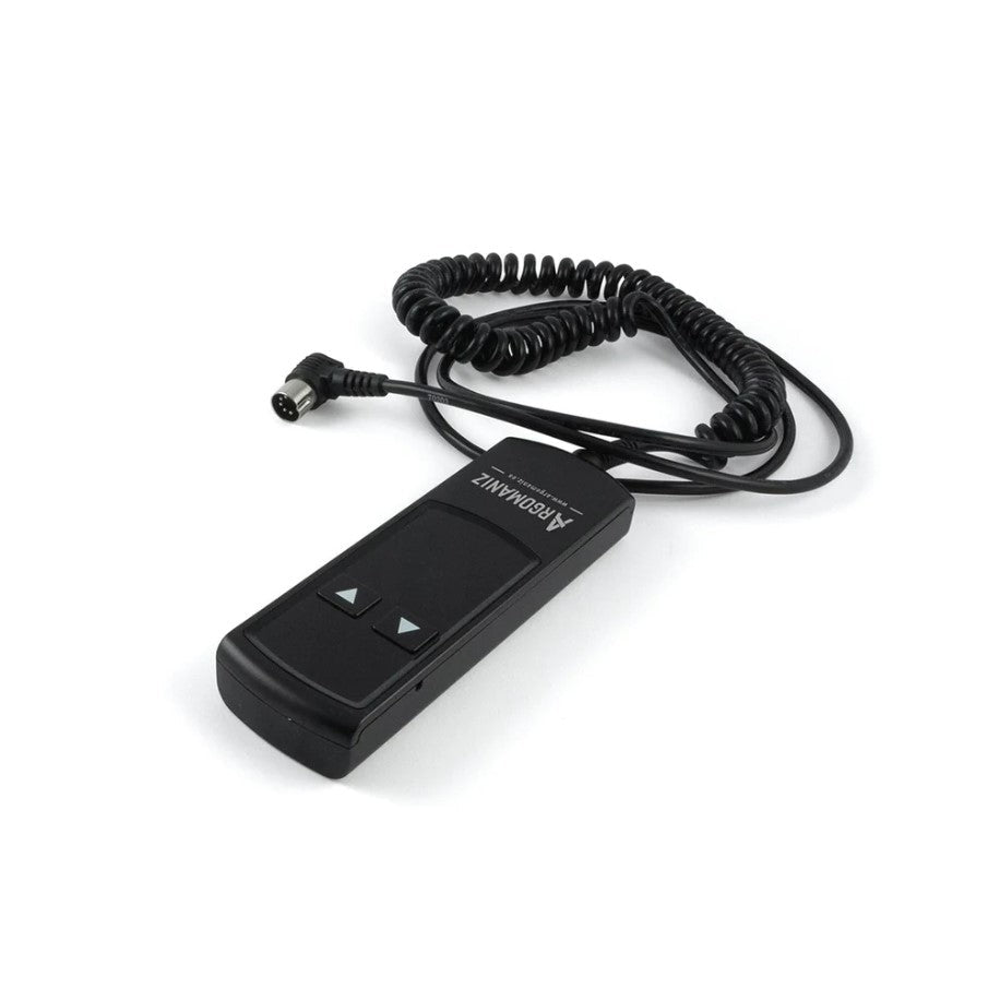 Hydraulic lift motorized storage bed mechanism remote control with coiled cord and up/down buttons for easy operation.