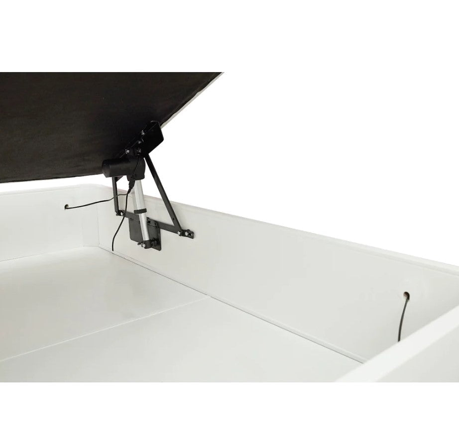 Hydraulic lift motorized storage bed mechanism kit with open lid and internal storage space shown.
