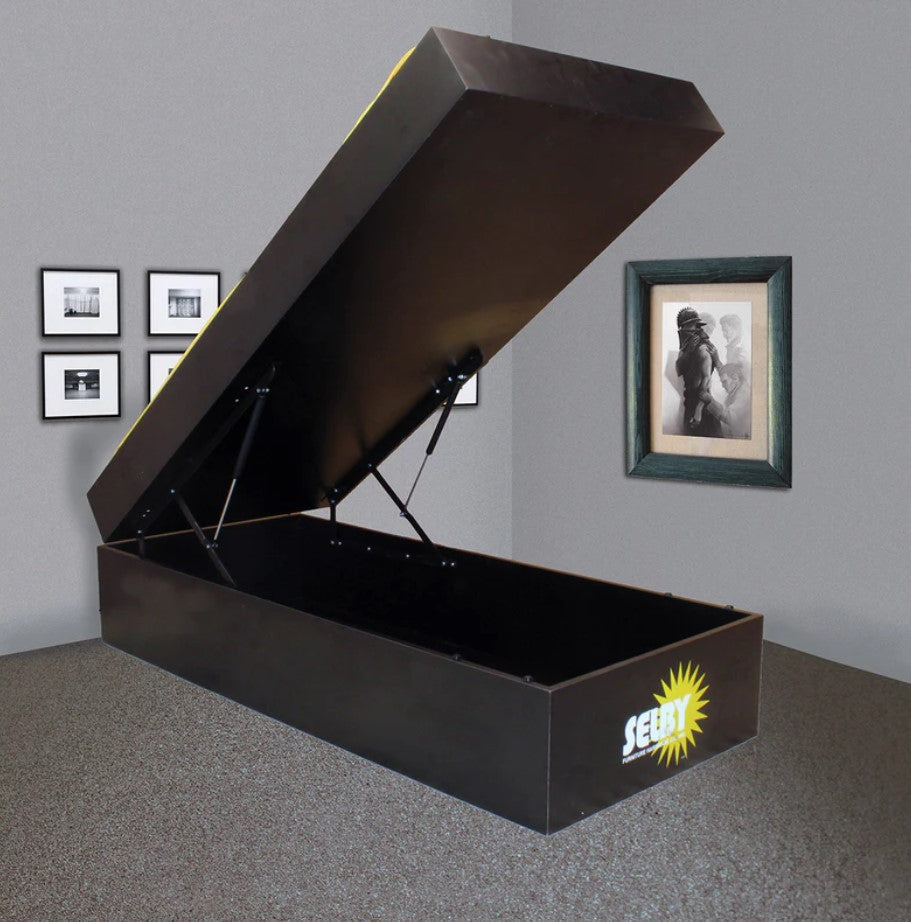 Hydraulic lift storage bed mechanism kit in a modern room, showcasing a spacious, open storage compartment.