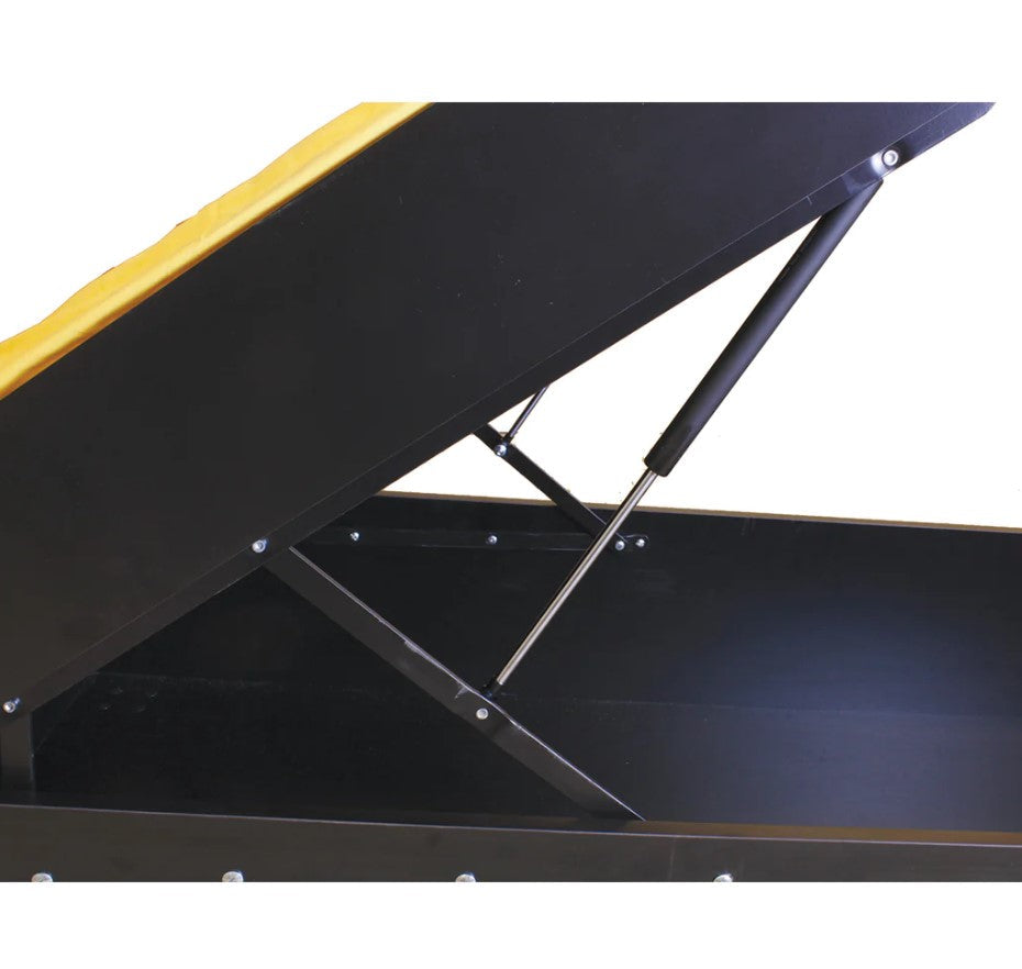 Hydraulic lift storage bed mechanism showing the lift system and interior storage space, available in multiple sizes.