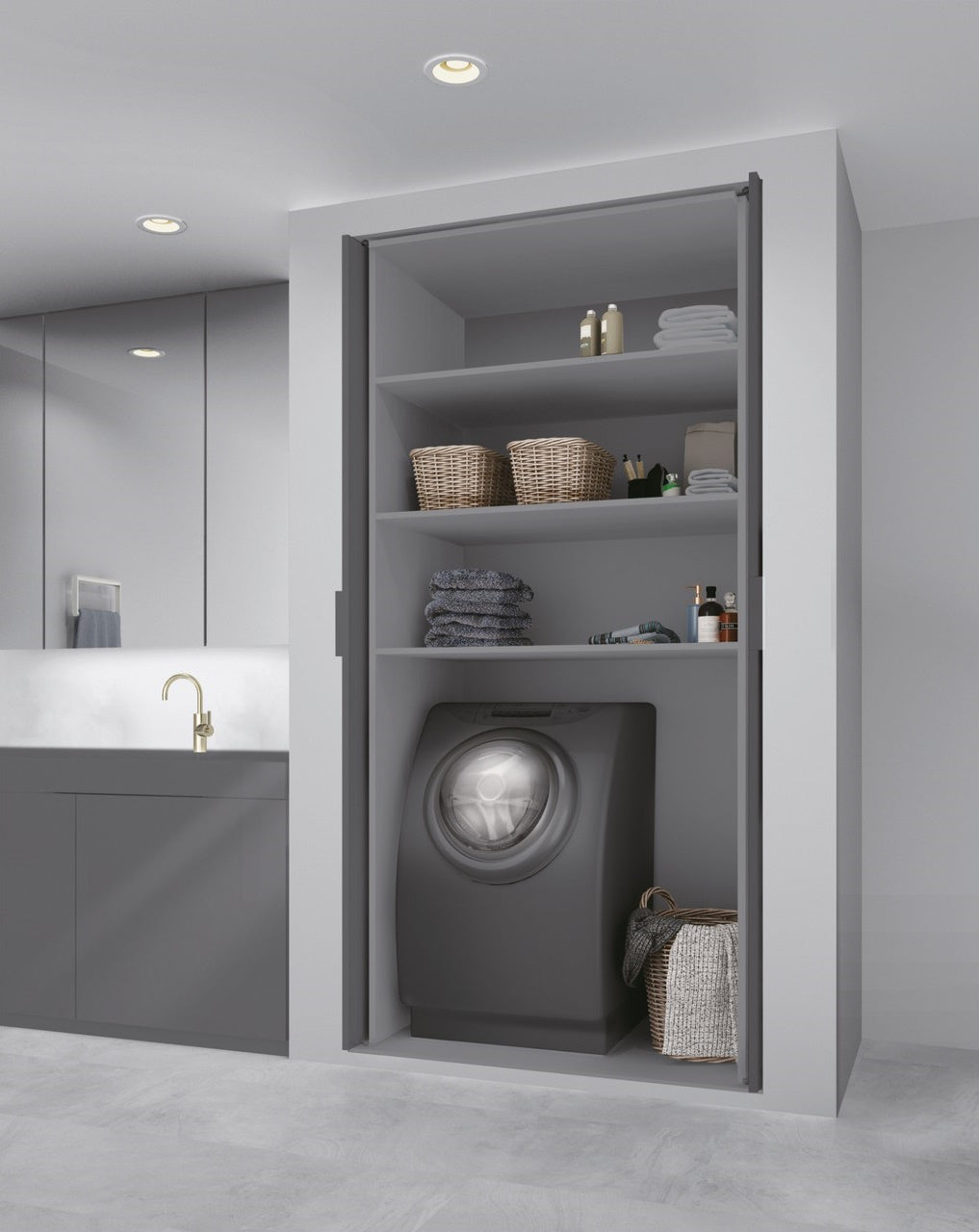 Inset cabinet pocket door system with soft close feature, designed for doors up to 44 lbs, in nickel finish.