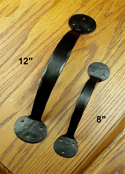 Bean style door handles in 8-inch and 12-inch sizes, featuring rustic head screws, available in various finishes.