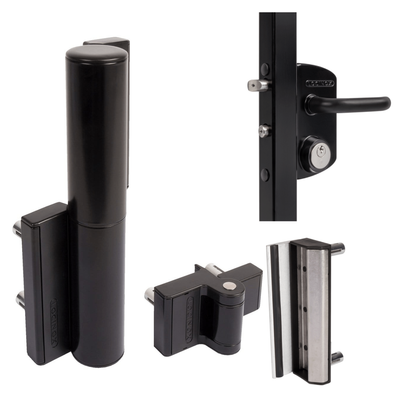 Locinox Tiger hydraulic self-closing gate closer and hinge kit for 2"-2-3/8" square frame gates, 165 lb capacity.
