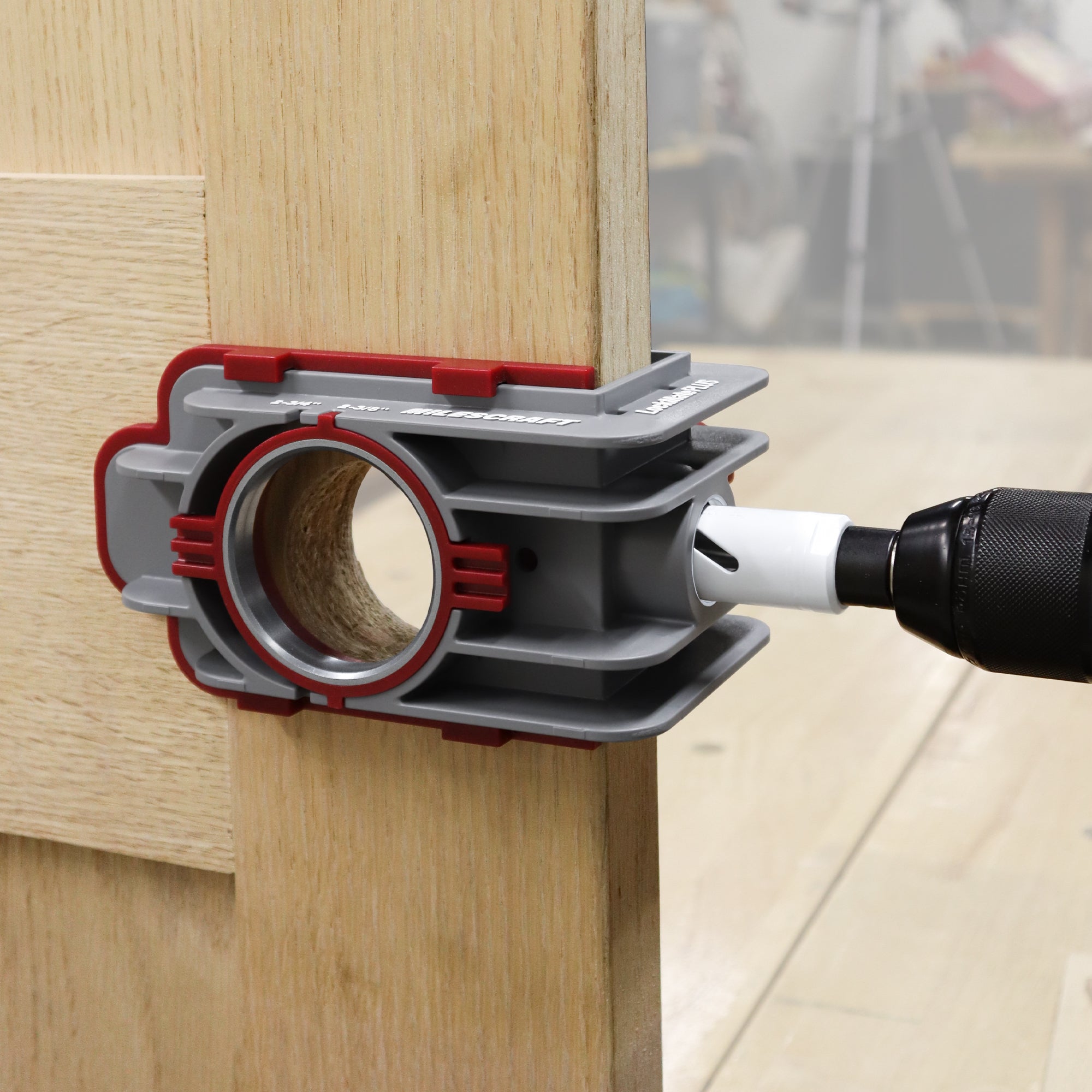 Self-clamping installation jig for locks and knobs, designed for precise drilling on doors and cabinets.