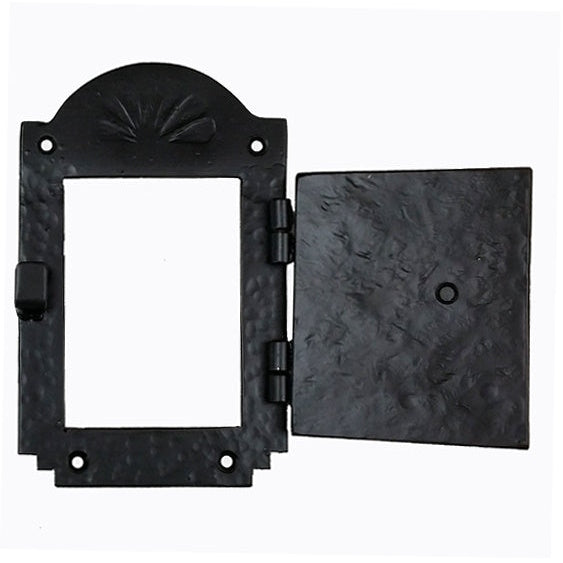 Peephole hinged iron door viewer in old hacienda style, measuring 4.5 x 7 inches, sold as a kit.