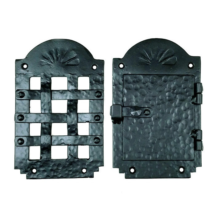 Old Hacienda style peephole hinged iron door viewer kit, featuring a decorative grille design and durable black finish.