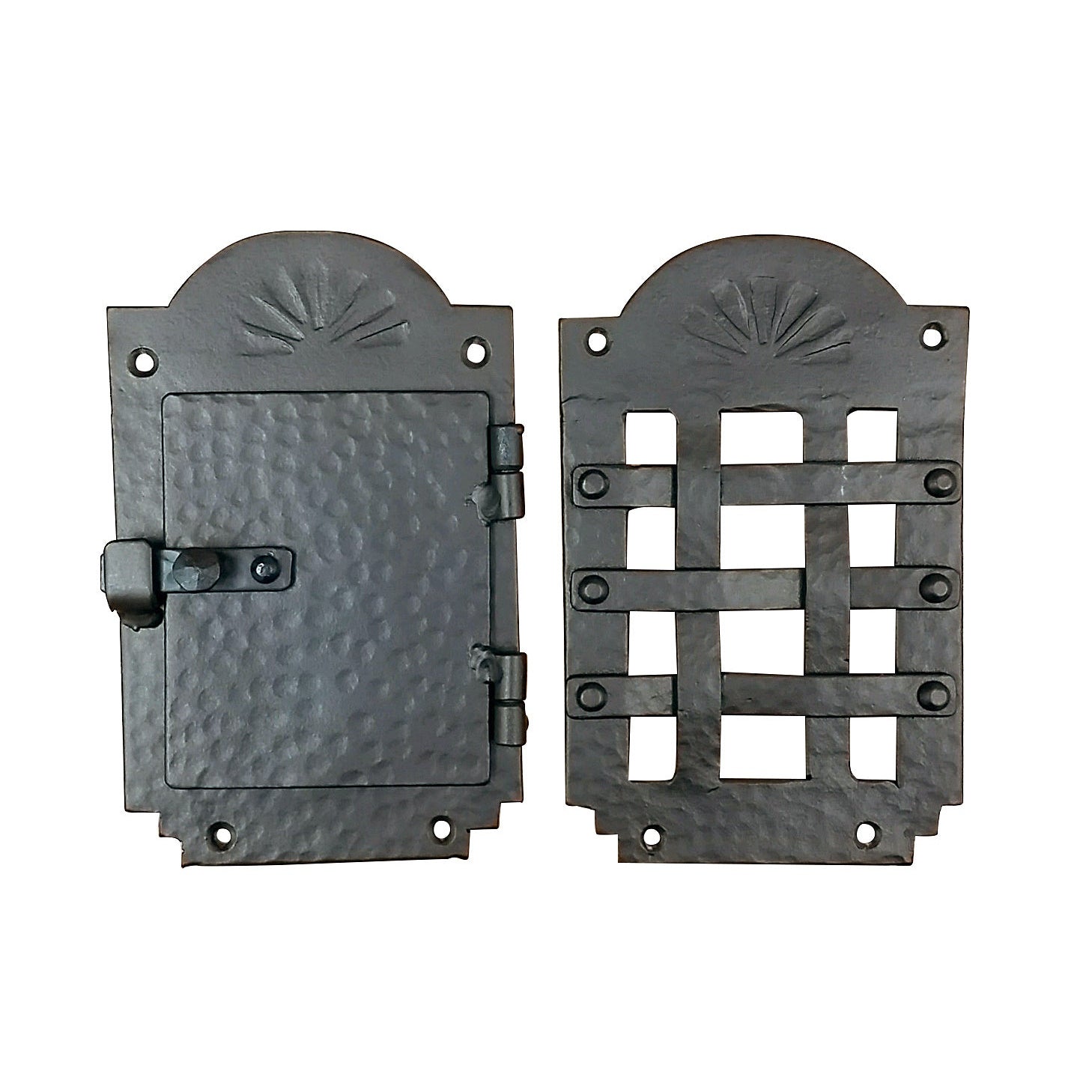 Old Hacienda style peephole hinged iron door viewer kit, featuring a decorative grille design in a 4.5x7 inch size.