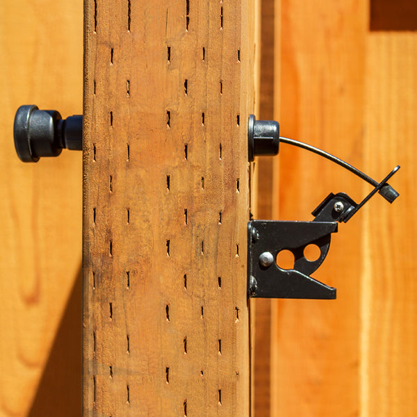 Adjustable black gate latch pull for wood, vinyl, and metal gates, fits posts 2-1/4" to 5-1/2". Sold individually.