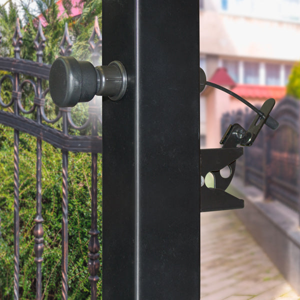 Adjustable black gate latch pull for wood, vinyl, and metal gates, fits posts 2-1/4" to 5-1/2", sold individually.