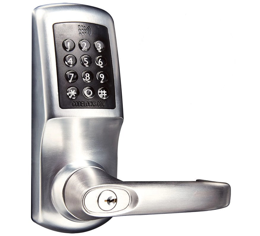 Outdoor panic bar access kit for gates, featuring a brushed finish and keypad for secure entry. Sold as a complete kit.