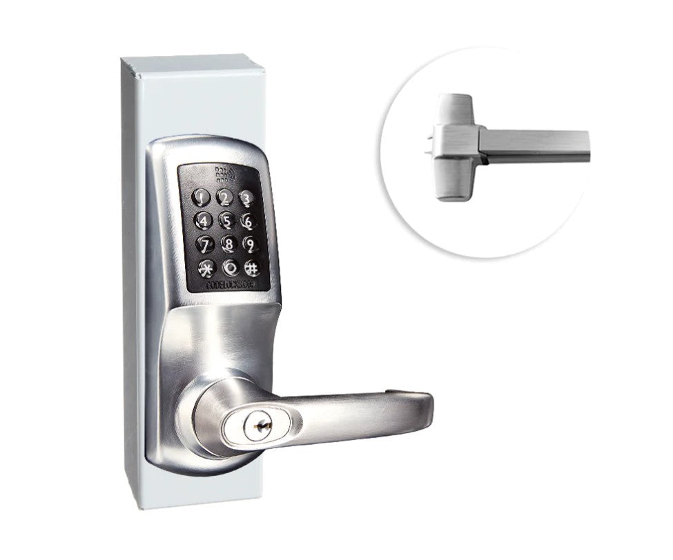 Outdoor panic bar kit for gates featuring a brushed finish and smart hardware for secure access. Ideal for safety.