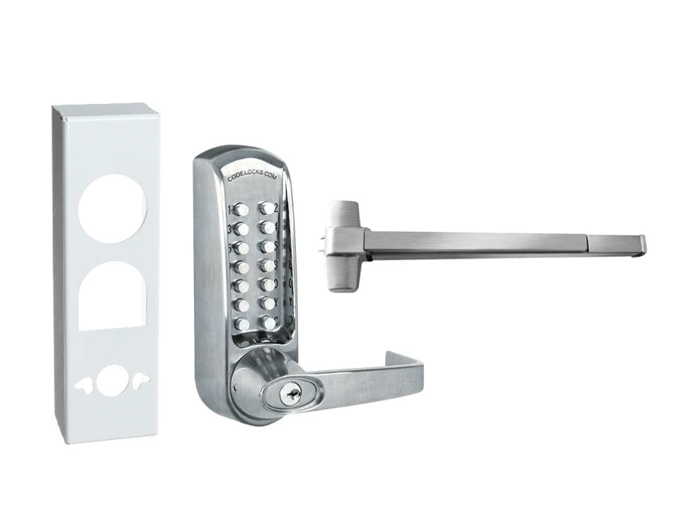 Heavy duty outdoor panic bar hardware kit for gates, featuring multiple finishes and mechanical operation.