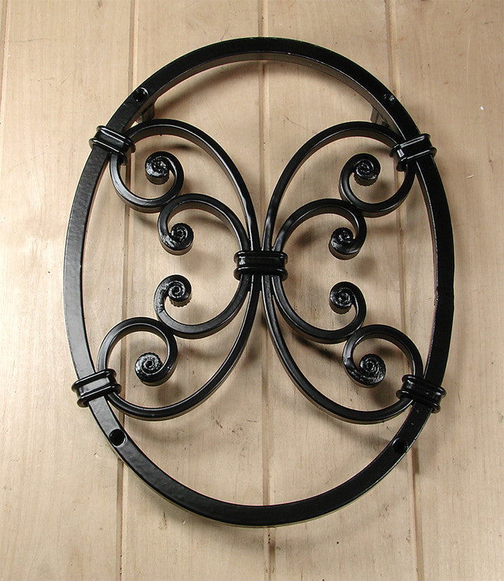 Oval door and gate grille featuring decorative scroll work, measuring 9-7/8" x 12-5/8", available in multiple finishes.