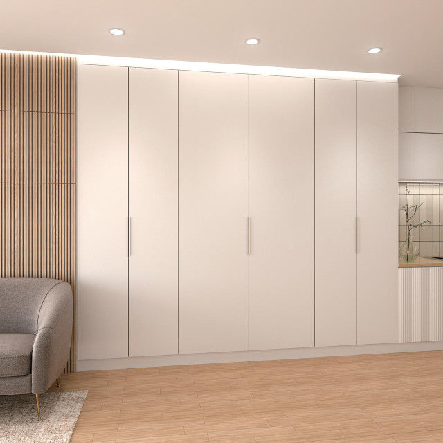 Overlay cabinet pocket door system with soft close feature, nickel finish, supports doors up to 44 lbs, sold individually.