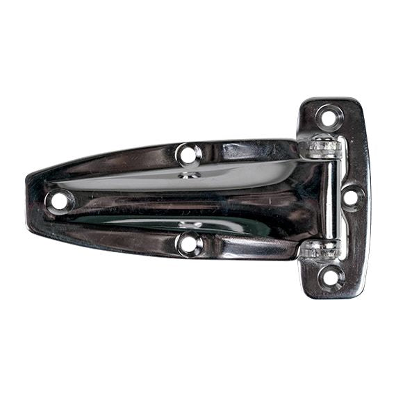 Zinc die-cast refrigeration hinge with a flush design and chrome finish, sold individually for durable use.