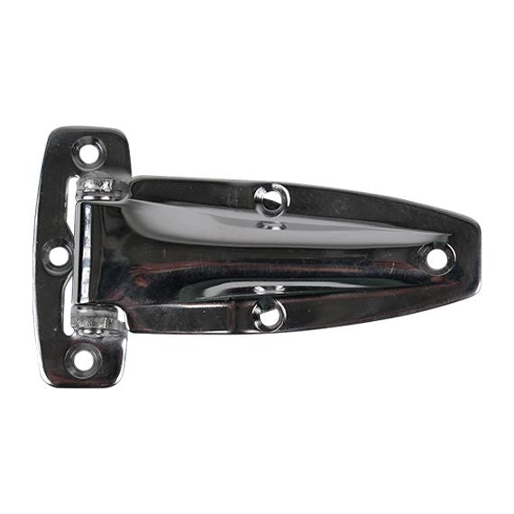 Zinc die-cast refrigeration hinge with a flush design and chrome finish, sold individually for durable use.