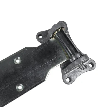 Heavy-duty refrigeration hinge for cold storage, 28 inches, zinc plated, available in multiple offsets, sold individually.