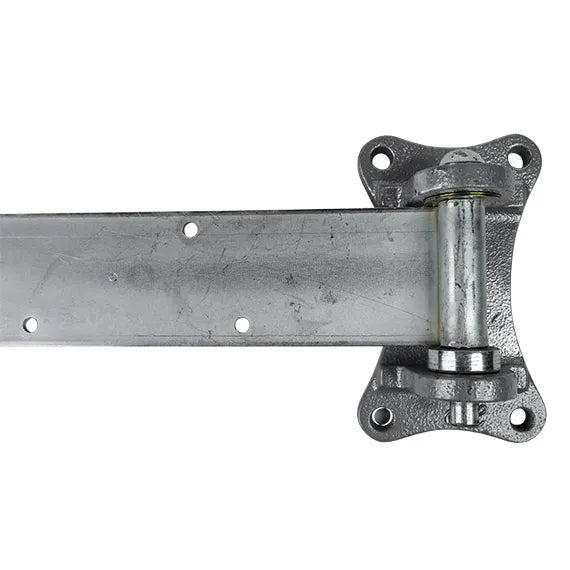 Heavy duty refrigeration hinge for cold storage, 17 inches long, zinc plated, available in multiple offsets, sold individually.