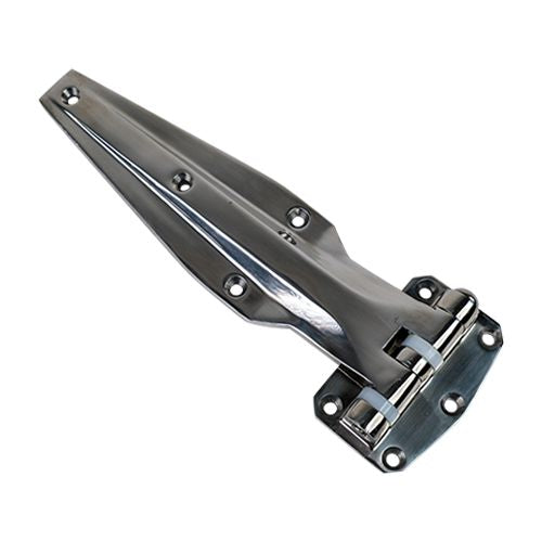 Heavy duty refrigeration hinge made of polished 304 stainless steel, 11-9/16 inches with multiple offsets available.