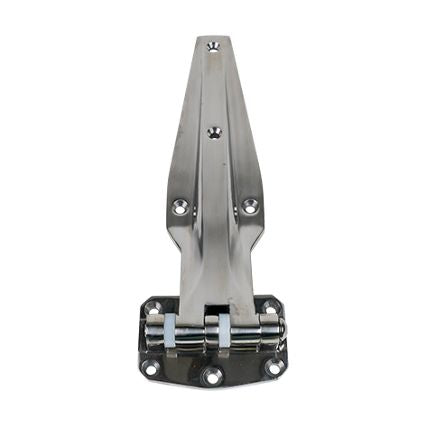 Heavy duty refrigeration hinge made of polished 304 stainless steel, measuring 11-9/16 inches with multiple offsets.