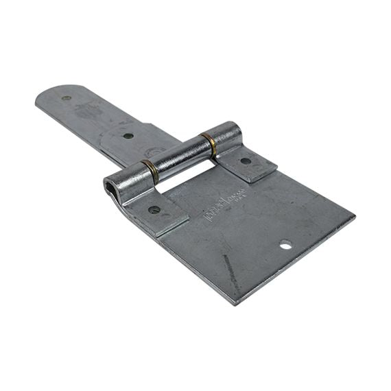 Layered laminated steel square corner truck trailer hinge, zinc plated, available in multiple sizes, sold individually.