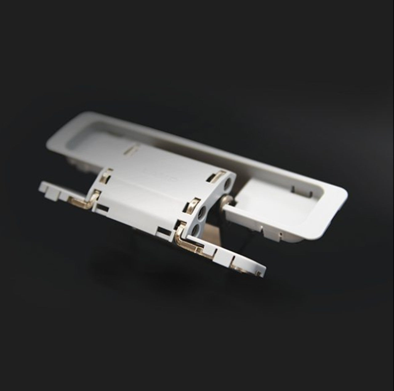 Three-way adjustable concealed door hinge in various finishes, ideal for surface mounting and sold individually.