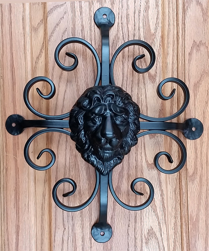 Premium fishtail scroll door and gate grille featuring a lion head design, measuring 12x14 inches, available in multiple finishes.