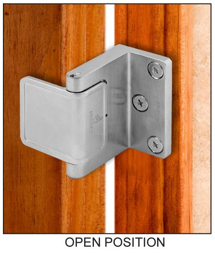 Privacy door latch in open position, featuring multiple finishes and sold individually for secure door closure.