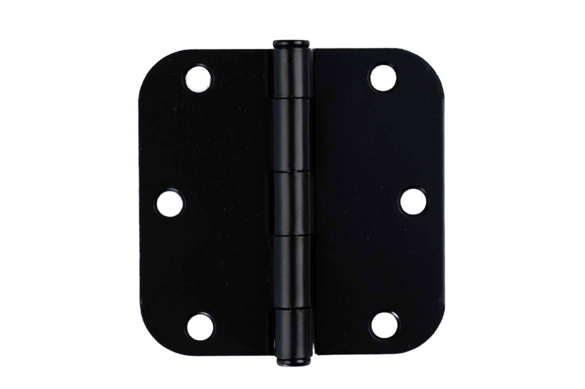 Plain bearing matte black residential door hinges, 3.5 inches with 5/8 inch radius, sold in a 2 pack.