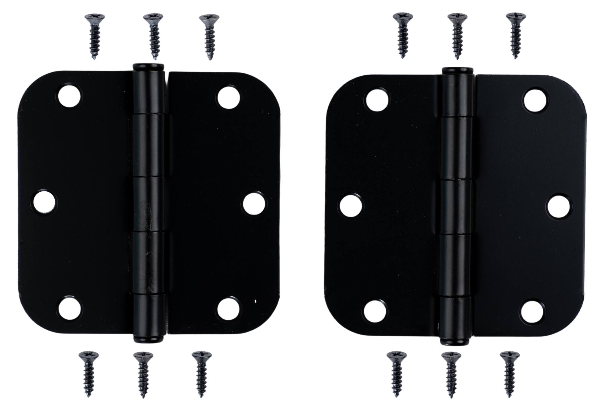 Matte black residential door hinges, 3.5 inches with 5/8-inch radius, sold in a 2-pack with screws included.