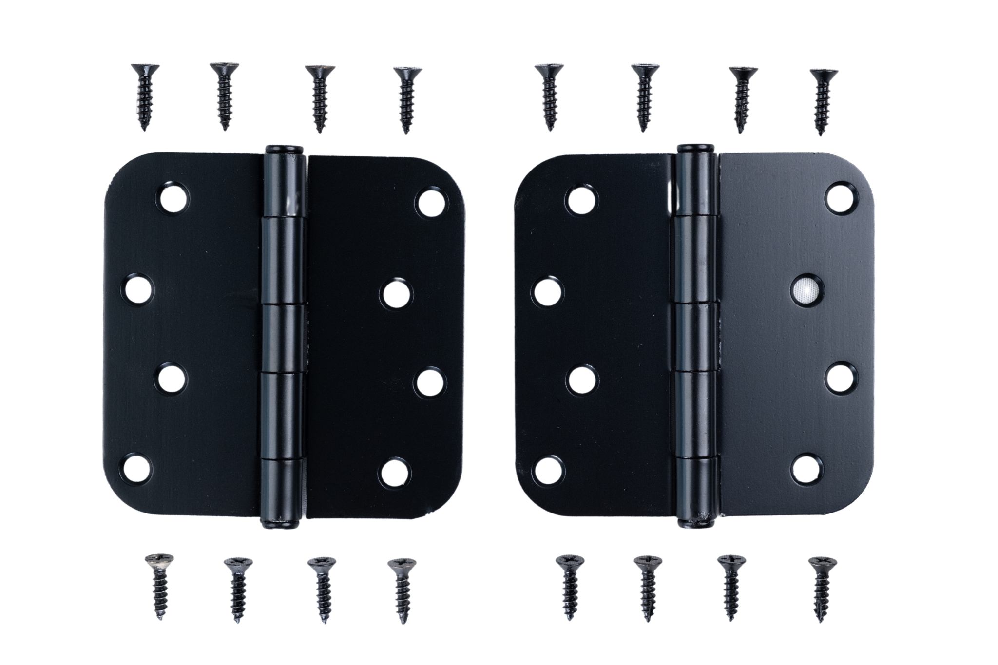 Matte black residential door hinges, 4-inch with 5/8-inch radius, sold in a 2-pack with matching screws.