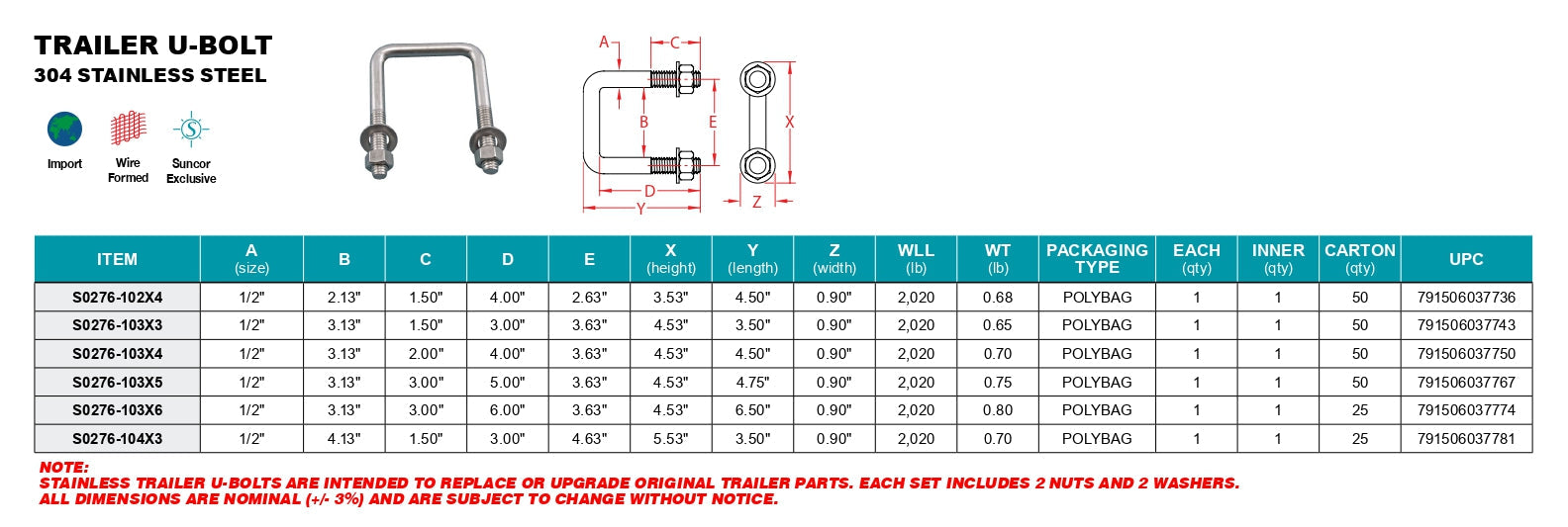 Boat Trailer Parts - Stainless Steel Trailer U-Bolt