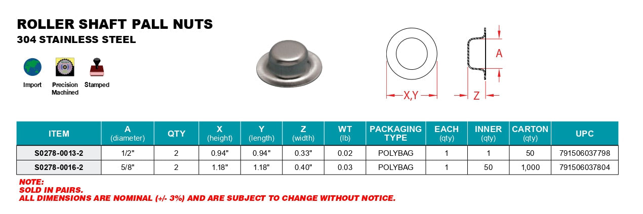 Boat Trailer Parts - Stainless Steel Roller Shaft Pall Nuts