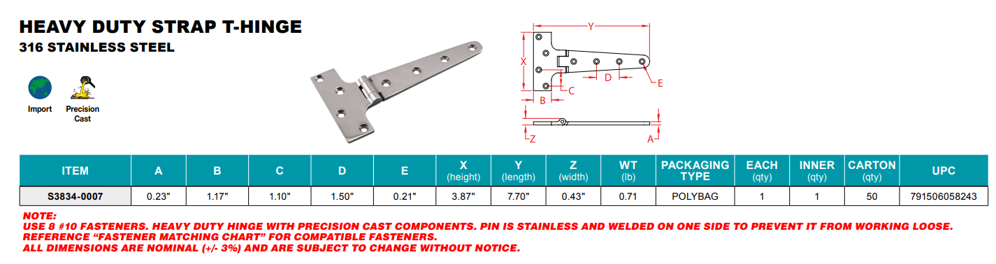 Stainless Steel Marine Heavy Duty Strap T-Hinges - 7 Inch - Sold Individually