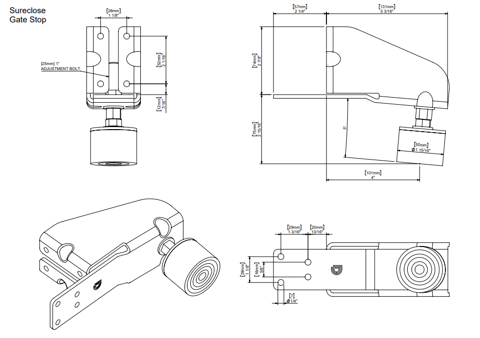 Sureclose Gate Stop - Horizontally Adjustable - Maximum Opening Of 85°