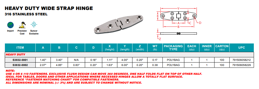 Stainless Steel Marine Heavy Duty Wide Strap Hinges 4" Or 6" - Sold Individually