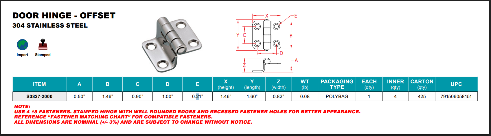 Stainless Steel Marine Door Hinges - Offset - Sold Individually