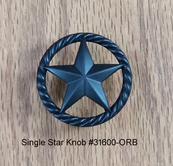 Single star knob with rope edge design in oil rubbed bronze finish, ideal for cabinets and furniture. Sold individually.