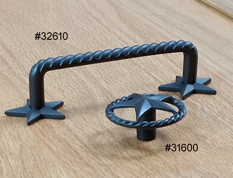 Single star knob with rope edge design in oil rubbed bronze finish, sold individually for cabinets or furniture.