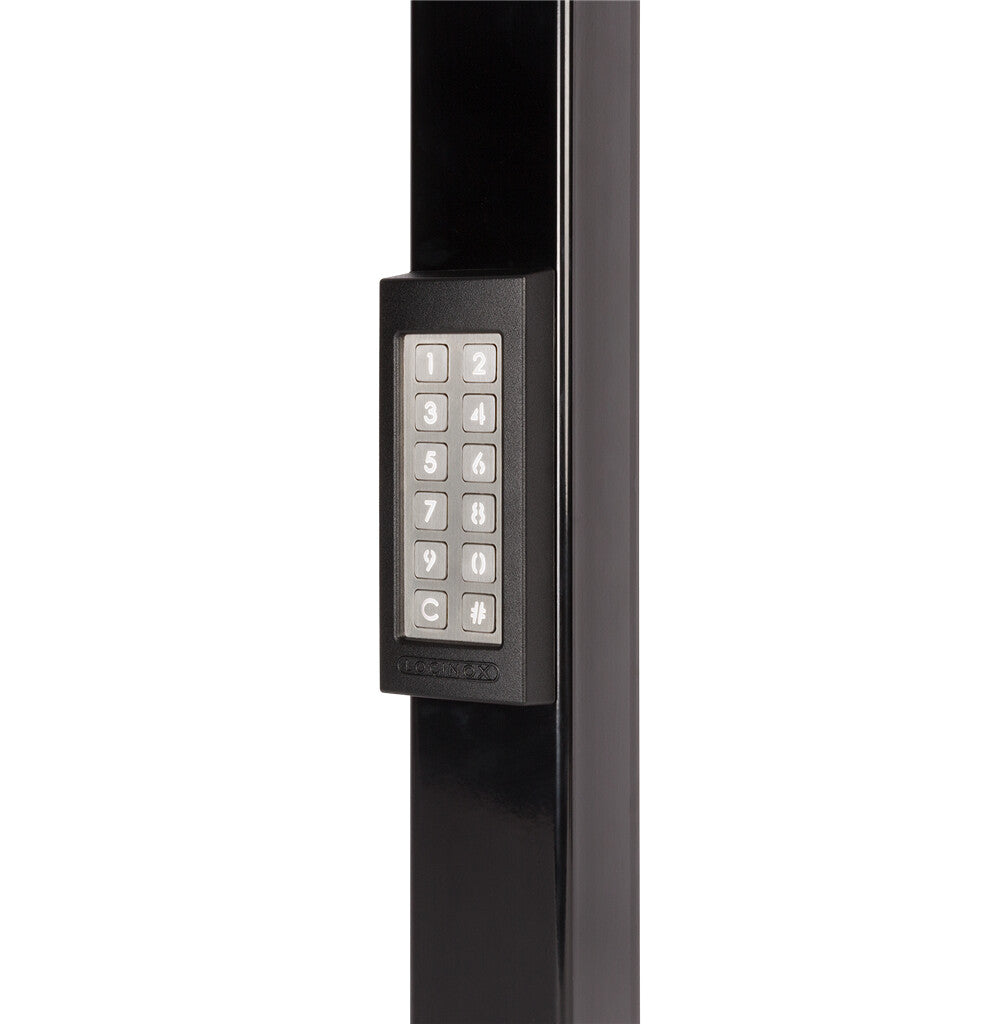Weather-resistant keypad for gates with external relays, featuring a numeric keypad and available in multiple finishes.