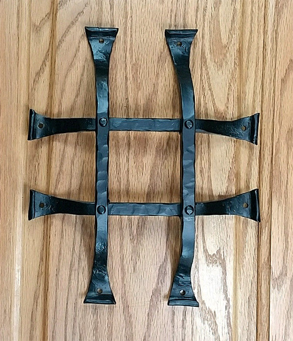 Premium curled tip door and gate grille in black powder coat finish, measuring 8x10 inches with four bars.