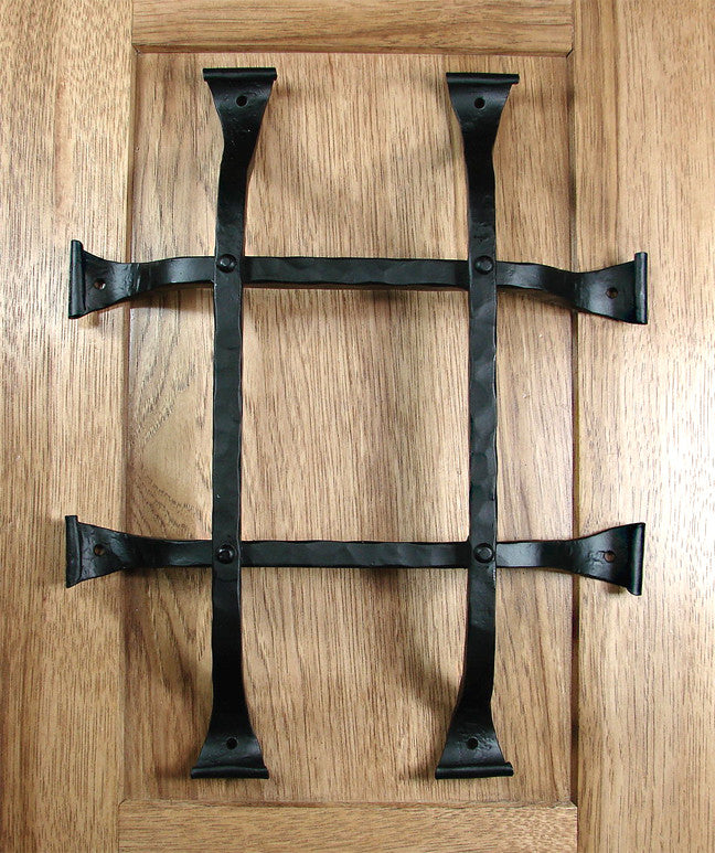 Premium curled tip door and gate grille in black powder coat finish, measuring 12x14 inches with four bars.