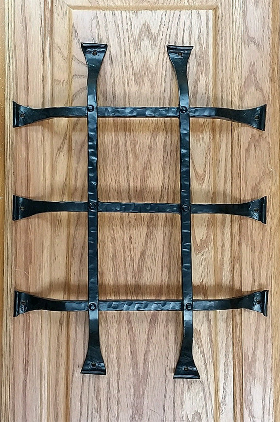 Premium curled tip door and gate grille in black powder coat finish, measuring 12x16 inches with five bars.