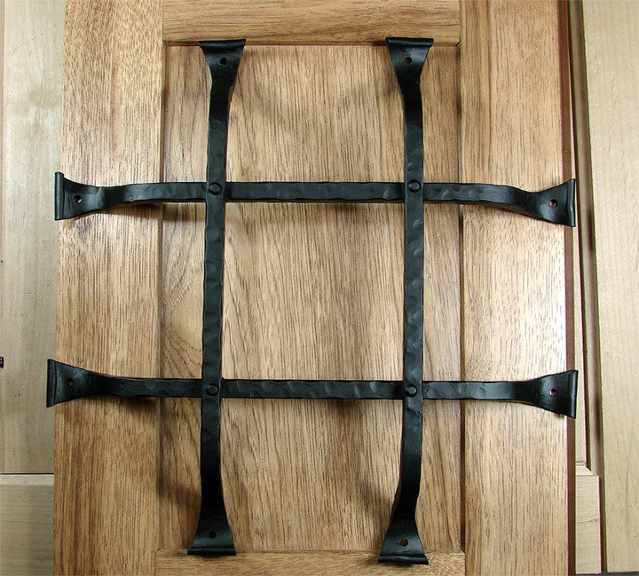 Premium curled tip door and gate grille in black powder coat finish, 14x14 inches, featuring four bars for added security.
