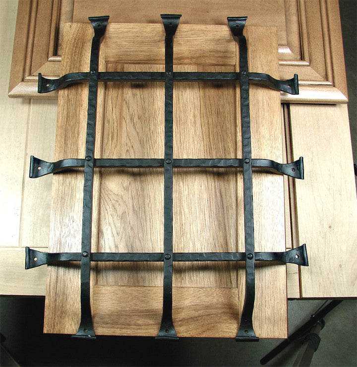 Premium curled tip door and gate grille in black powder coat finish, 16x20 inches, featuring six bars for security.
