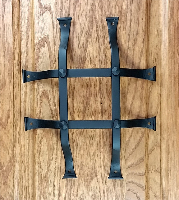 Standard curled tip door and gate grille in black powder coat, 8x10 inches, featuring four bars and flared mounting legs.